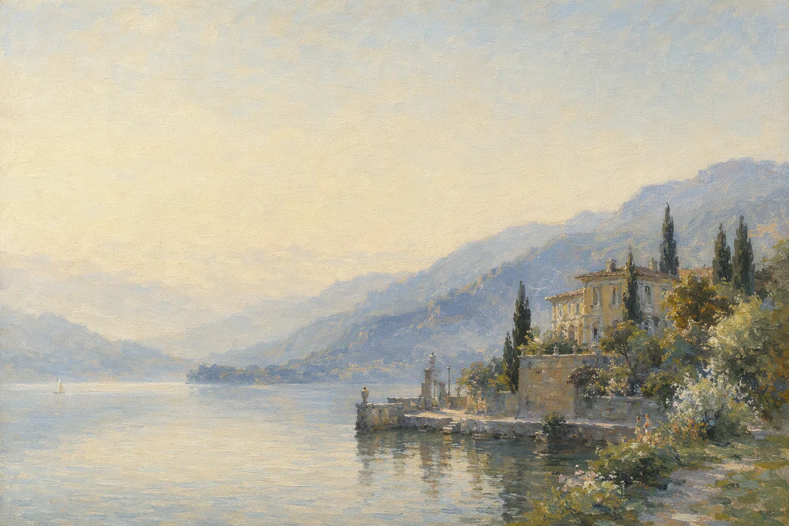 An impressionist painting of a lakeside villa and mountains in the morning light on Lake Como
