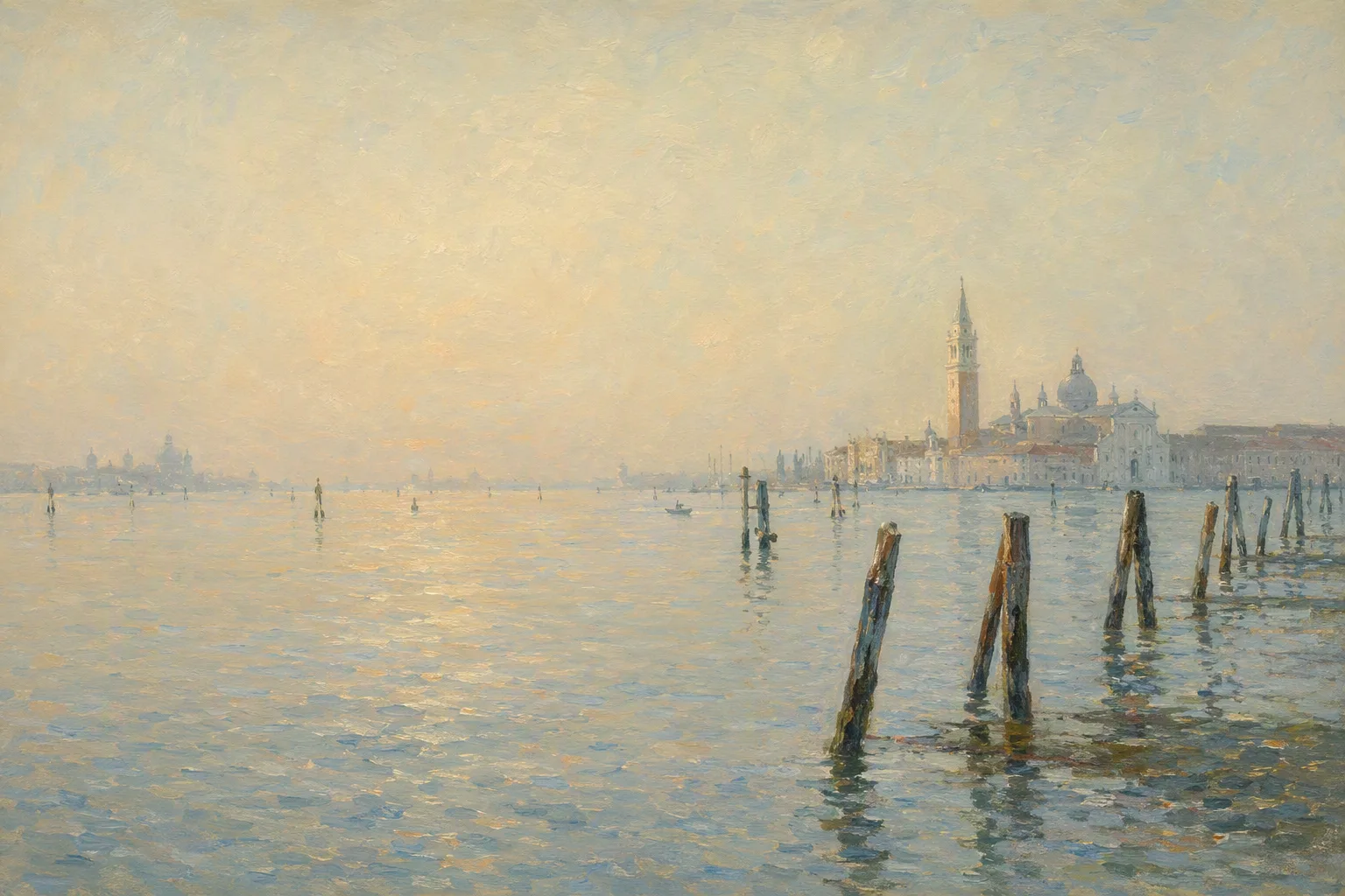 An impressionist painting of the open Venice lagoon at morning, mooring poles leaning in the shallows and the pale campanile and domes distant on the horizon