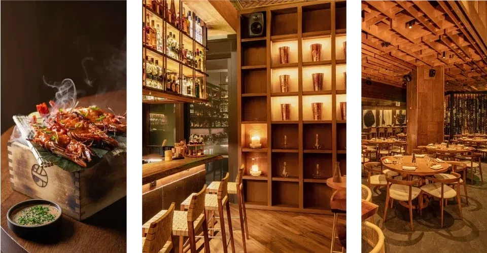 Steaming prawns, a bar, and a dining area in a restaurant