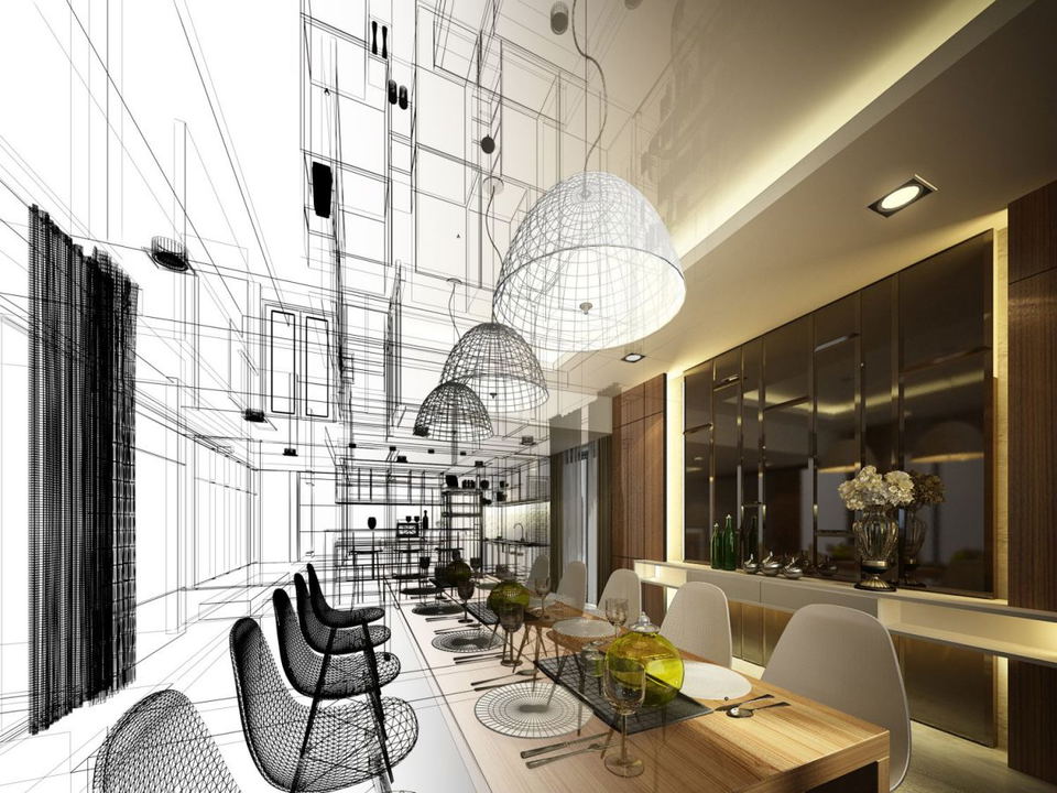 Dining room design transitioning from wireframe to finished interior