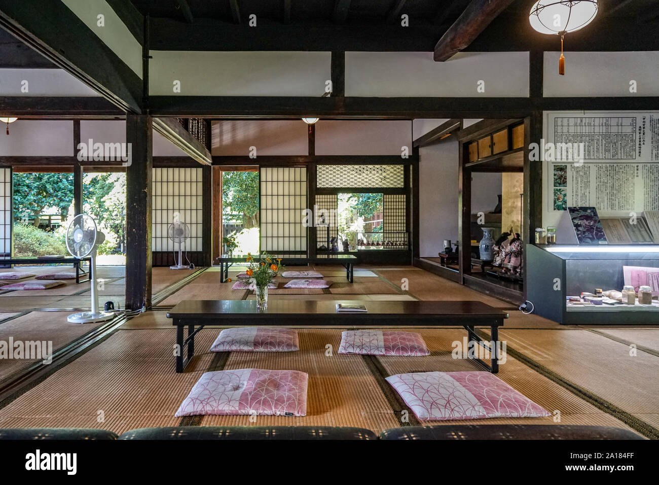 7. Yamanashi, Japan, features inviting patterned floor cushions arranged on the tatami floor.