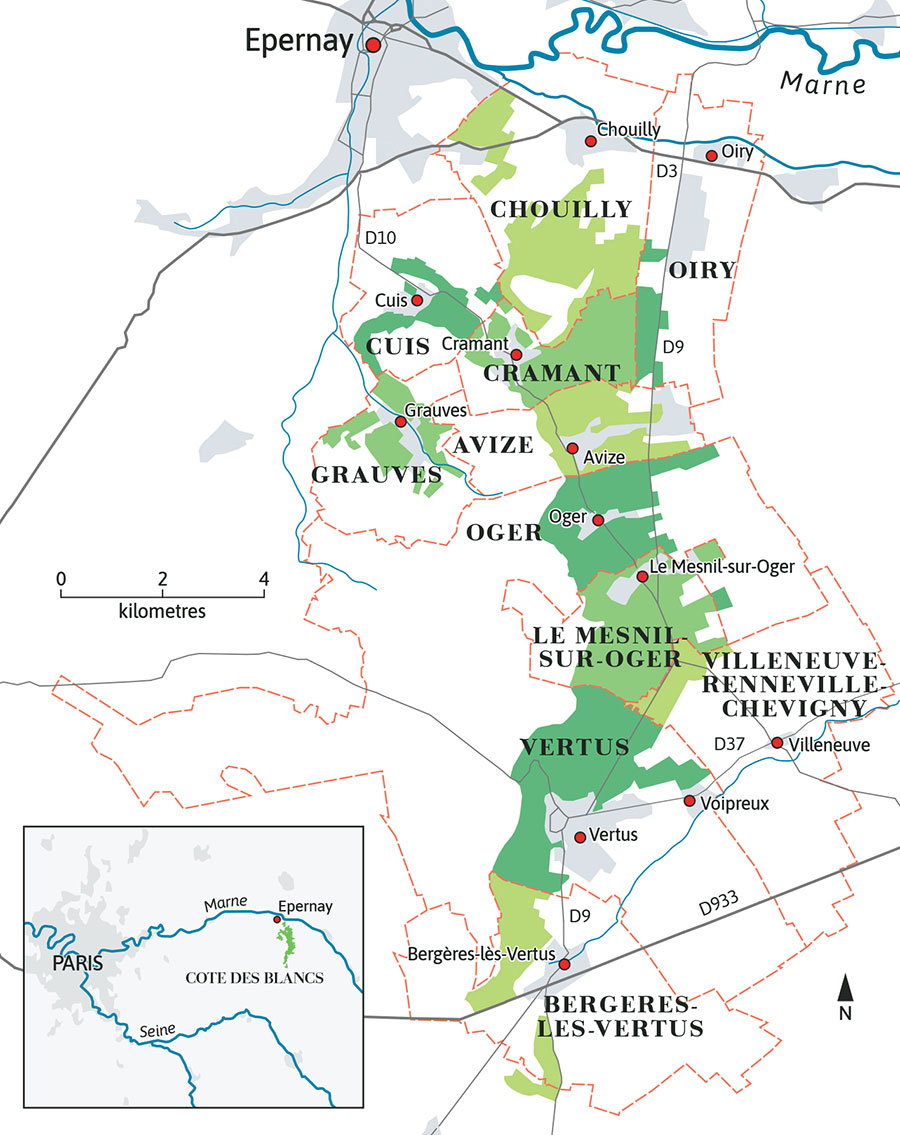 Map of the Côte des Blancs region in Champagne, France, showing towns like Epernay, Chouilly, Cramant, Avize, Oger, and Vertus.