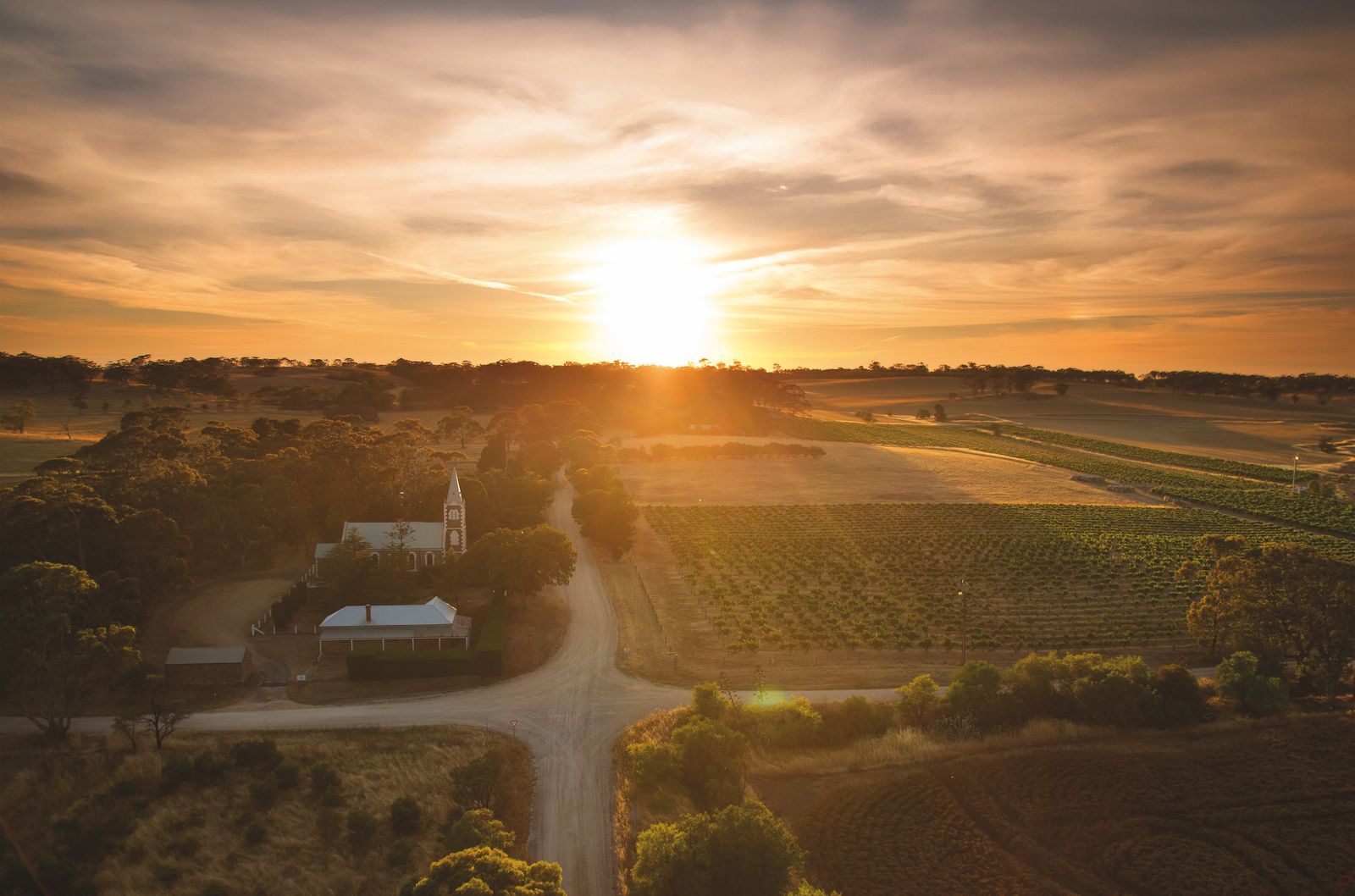 Aerial view of a white church with a steeple next to farm buildings surrounded by vineyards and fields at golden hour sunset.