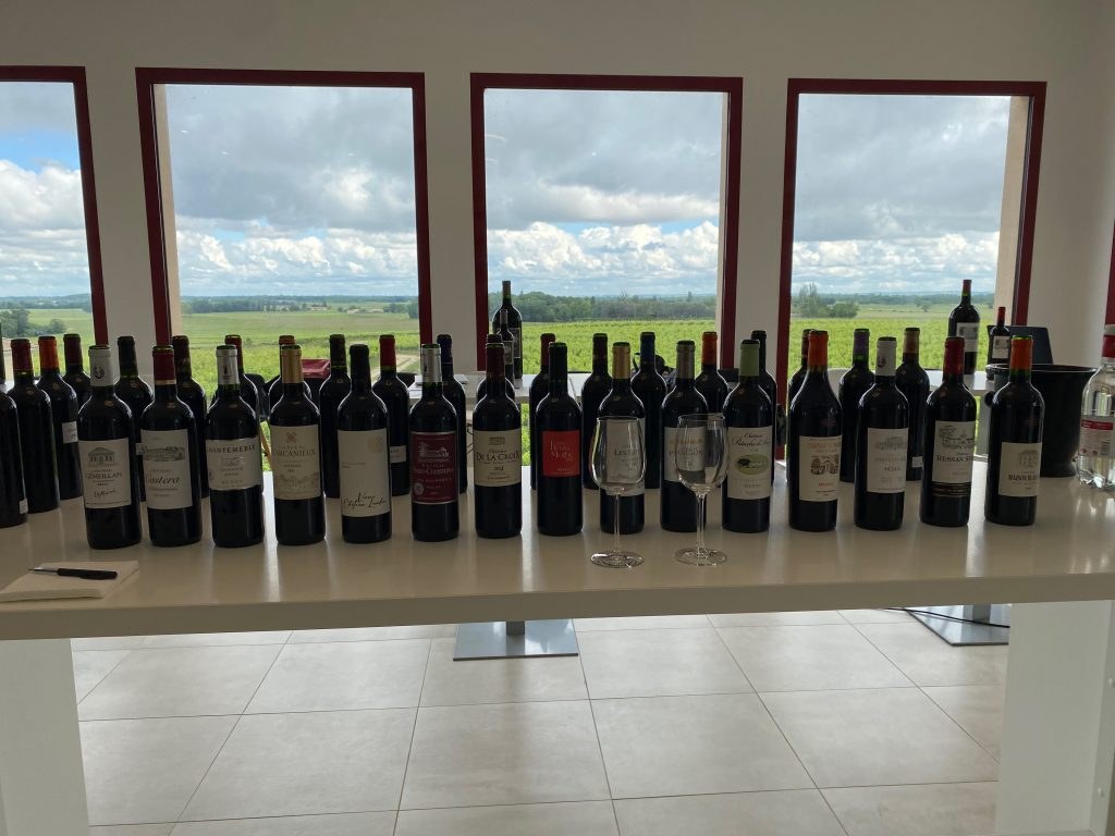 Château La Cardonne's en primeur tasting setup, showcasing wines for the Cru Bourgeois Classification 2025.