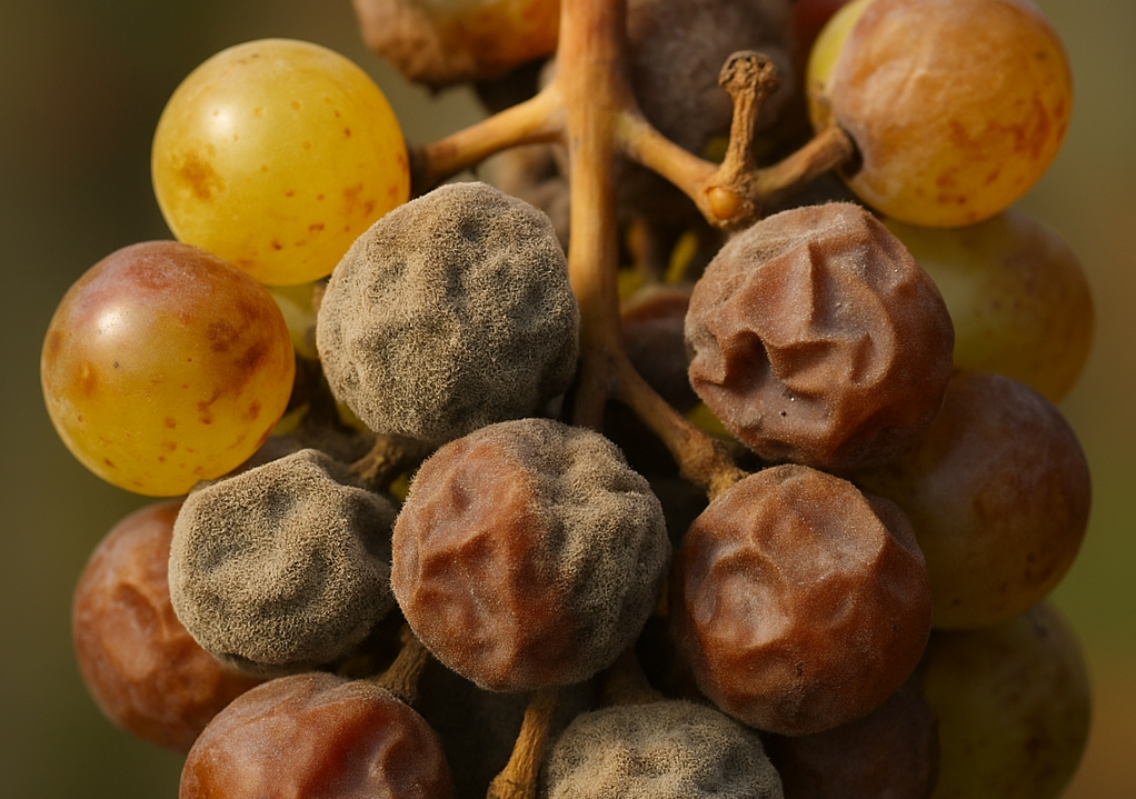 A close-up of a cluster of grapes, some plump and yellow, others shriveled and covered in a fuzzy gray mold, on a brown stem.