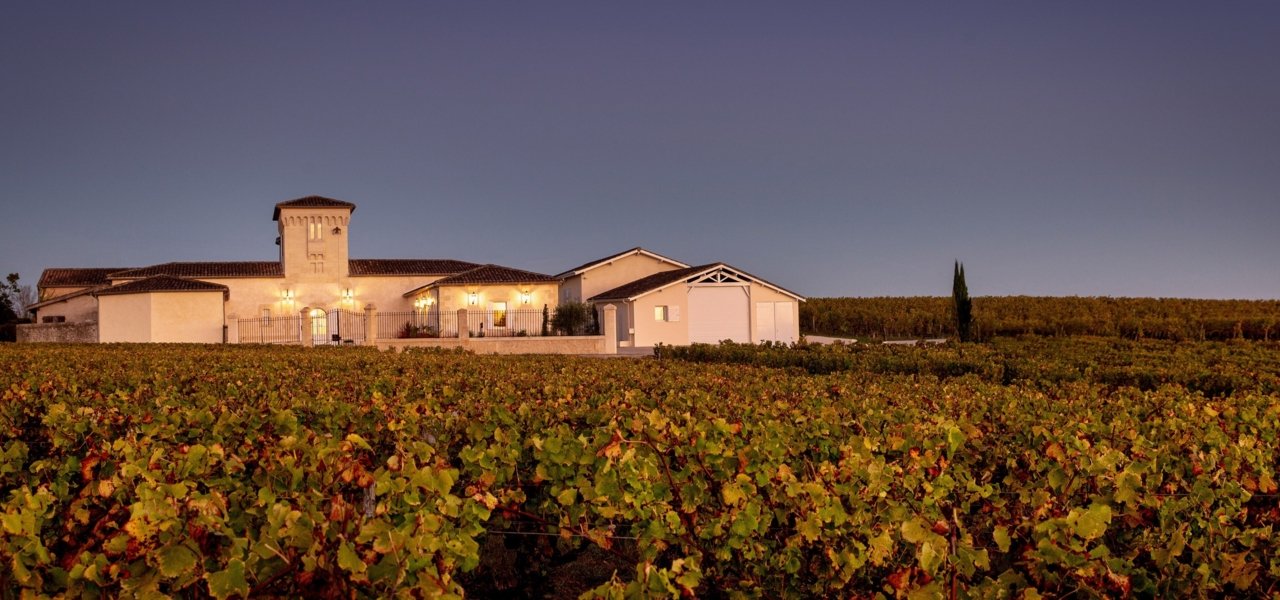 A large, light-colored building with a prominent tower and multiple wings, illuminated at dusk, surrounded by rows of grapevines.