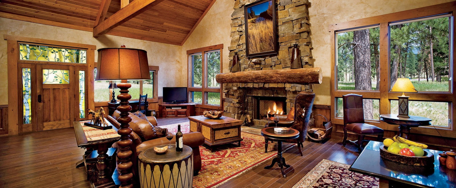Activities: 37,000 Acres of Winter Adventure, offering a warm stone fireplace for cozy relaxation.