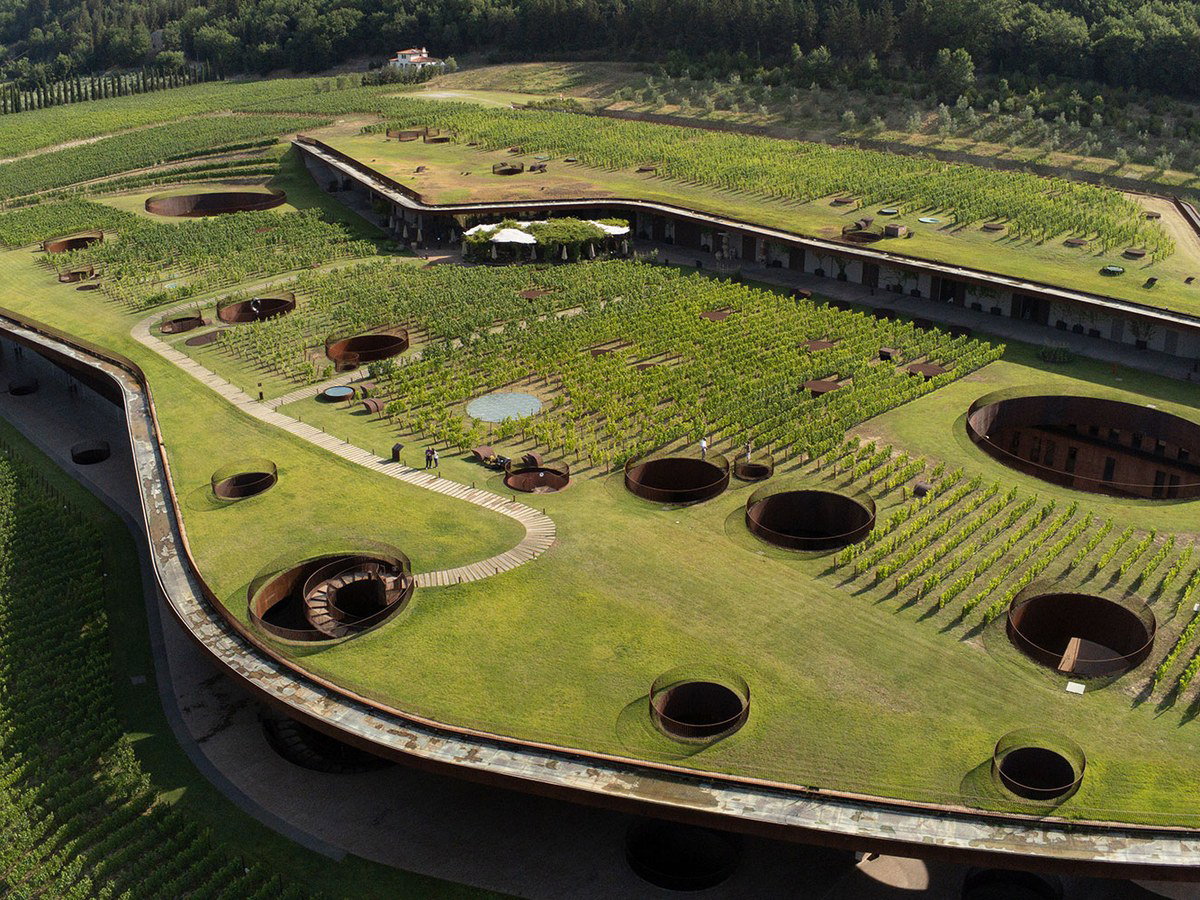 Antinori nel Chianti Classico is built into the Bargino hillside under a grass-covered rooftop.