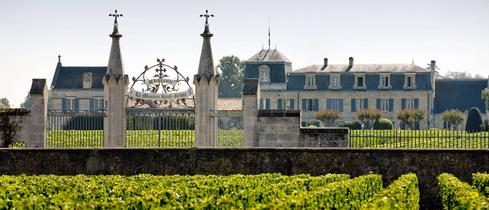 A grand stone château with mansard roofs and two tall spires visible behind decorative iron gates, surrounded by green vineyard rows.