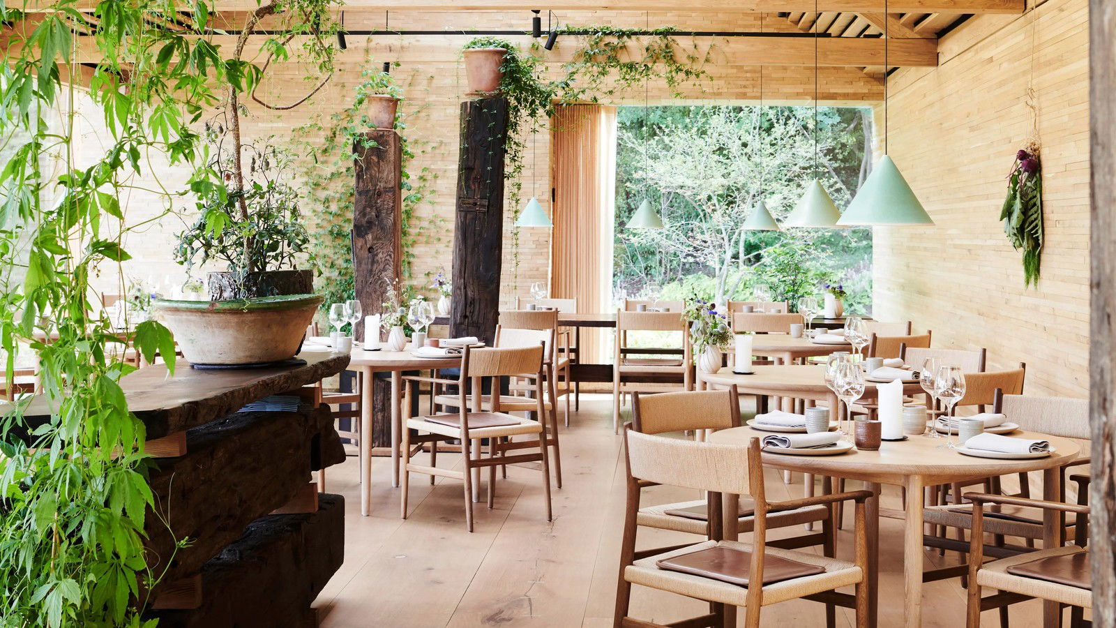 A bright, nature-forward restaurant dining room with light wood tables and chairs, hanging green plants, conical mint-green pendant lamps, and large