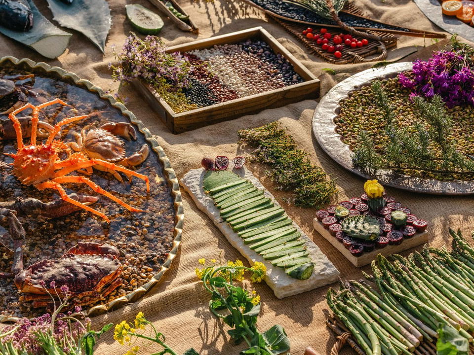 Noma showcases a bounty of hyper-local ingredients, from crabs to cactus pads, for a residency dish.