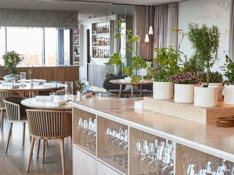 A bright, modern restaurant interior with plants and wine glasses