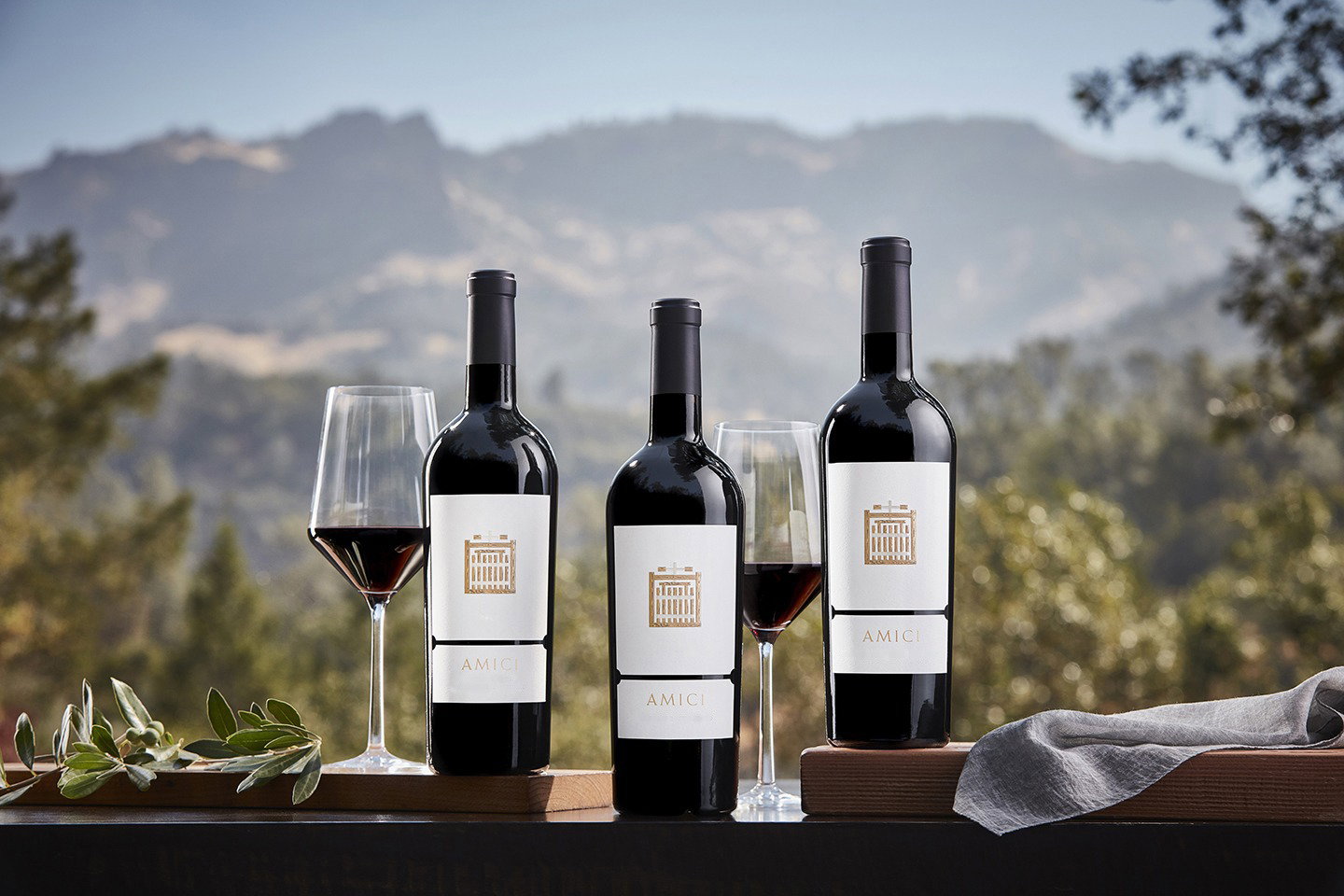 Three dark wine bottles with white labels featuring a golden crest and the word "AMICI" are arranged with wine glasses on a wooden surface against a