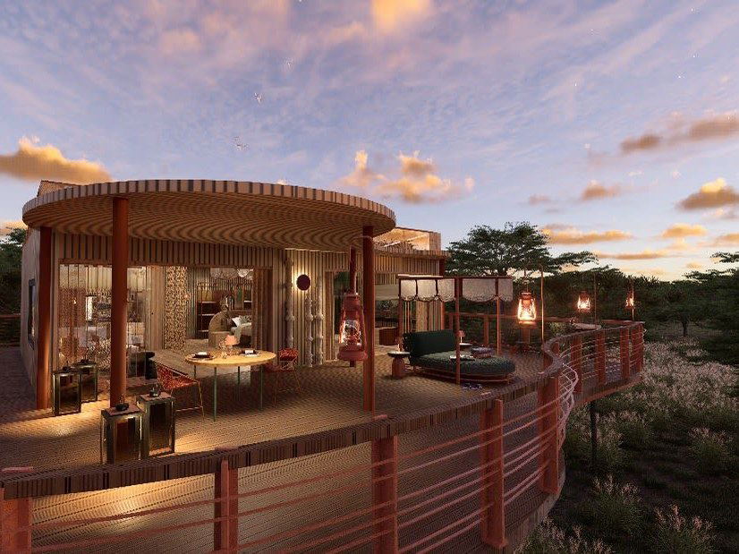 The Horizon Terrace Suite at anantara tented camp kafue river offers stunning views of the bush at dusk.