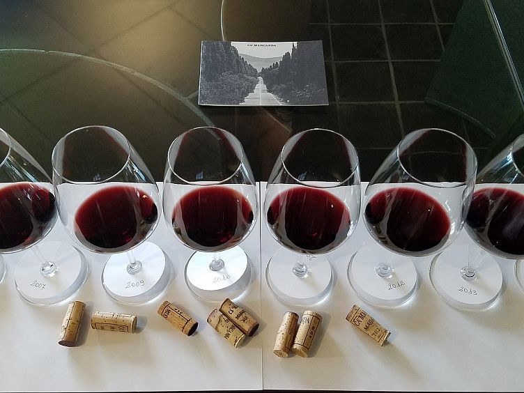 Ca'Marcanda: A vertical tasting lineup of eight red wine glasses with vintages and corks.