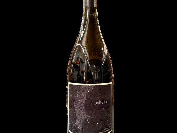 A dark glass bottle of Antica Terra 'Adiona' Pinot Noir stands upright, featuring a label with 'adiona' and 'Two Thousand & Twenty Three' text.
