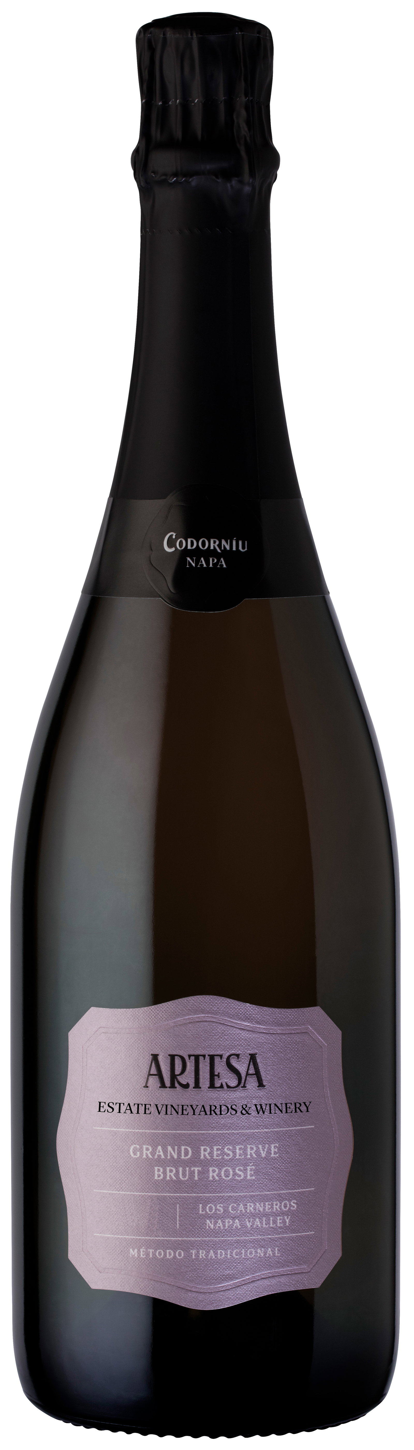 A bottle of Artesa Grand Reserve Brut Rosé sparkling wine from Los Carneros, Napa Valley, on a neutral background; the source page explicitly names th