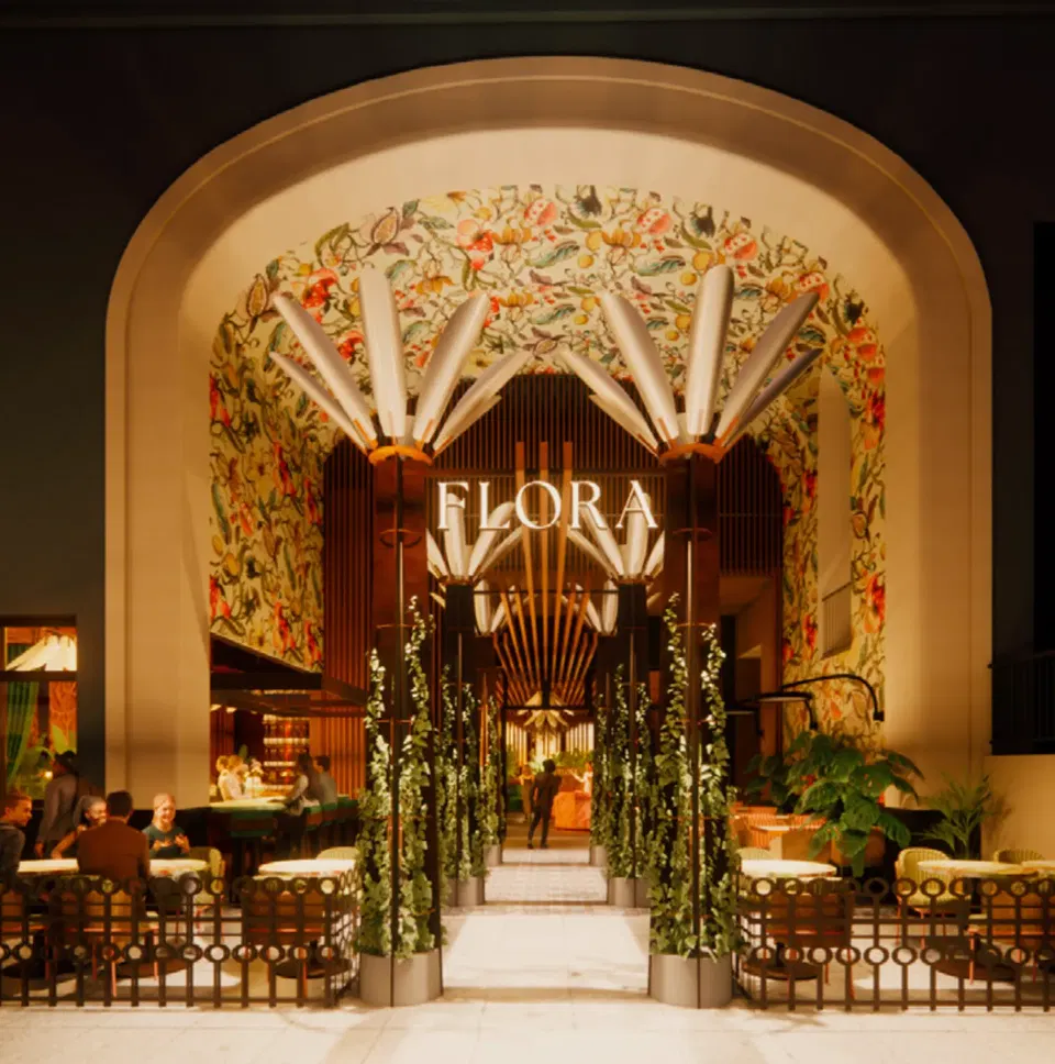 Flora, Santana Row (San Jose) features a vibrant floral mural above its inviting entrance.
