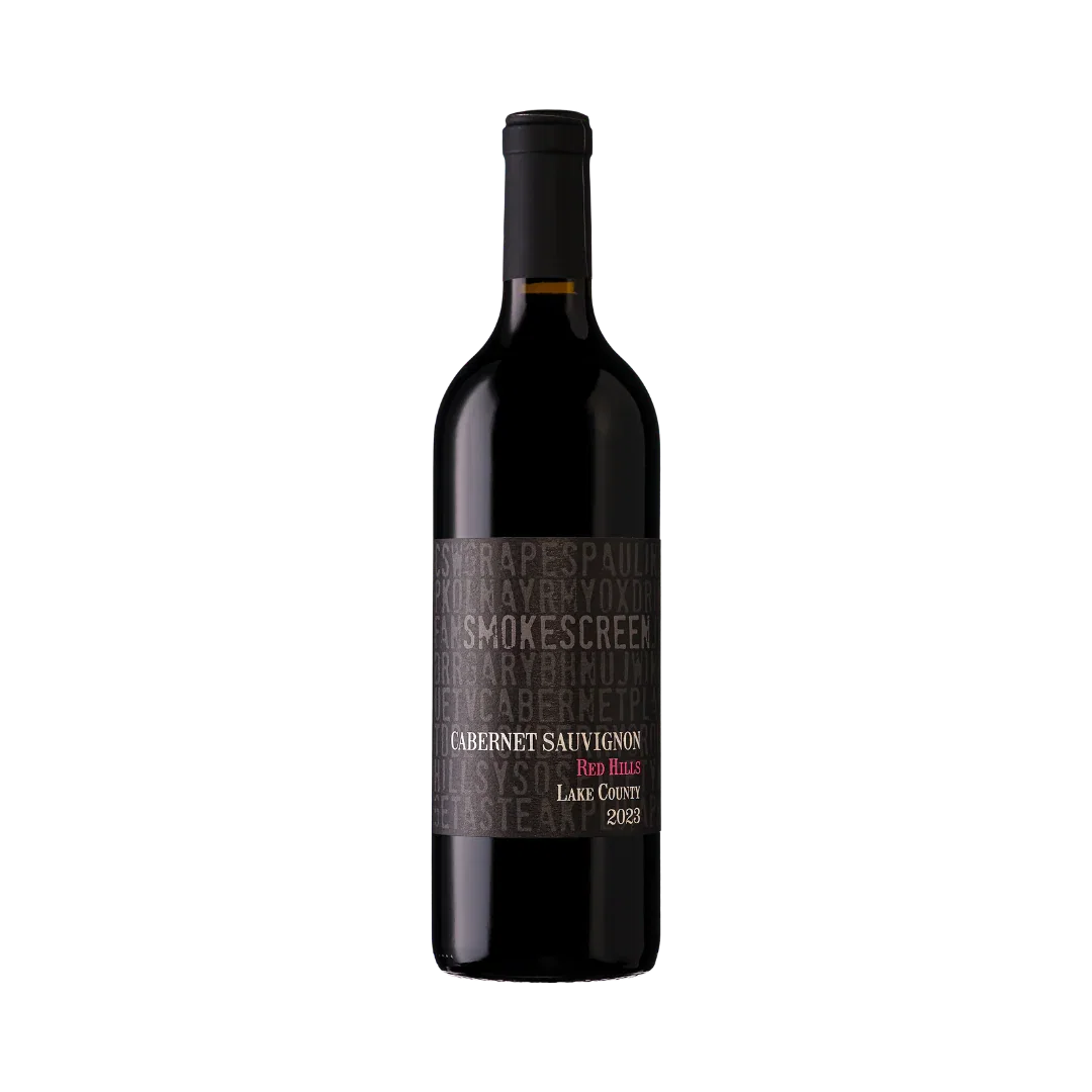 A dark glass bottle of Cabernet Sauvignon Red Hills Lake County 2023 wine, with a black label featuring white and red text.