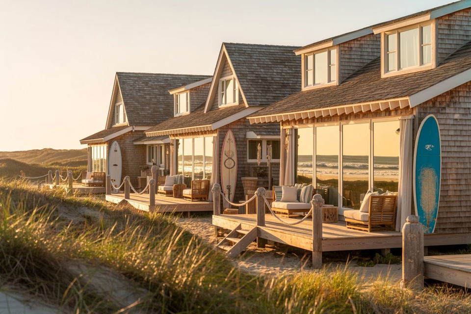 Hotel Cordorouy Montauk's exterior features three beach houses with shingled roofs, dormer windows, and large glass doors reflecting the ocean.