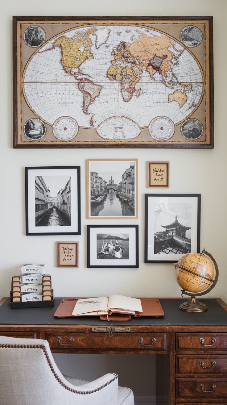 Practical Information for Travelers features a large, antique-style world map dominating the wall.