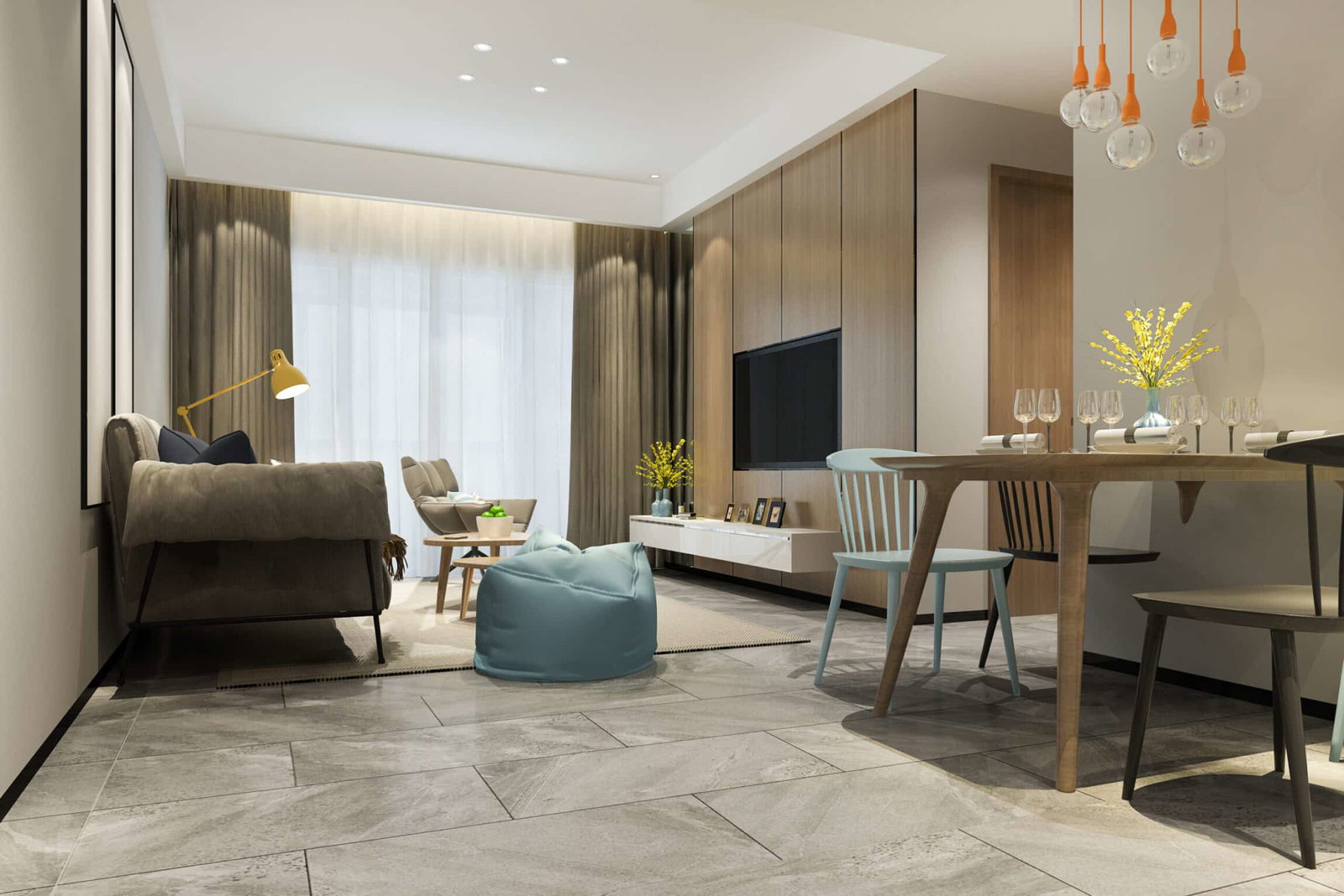 Impact of Renovations, featuring a vibrant light blue beanbag chair in the modern living space.