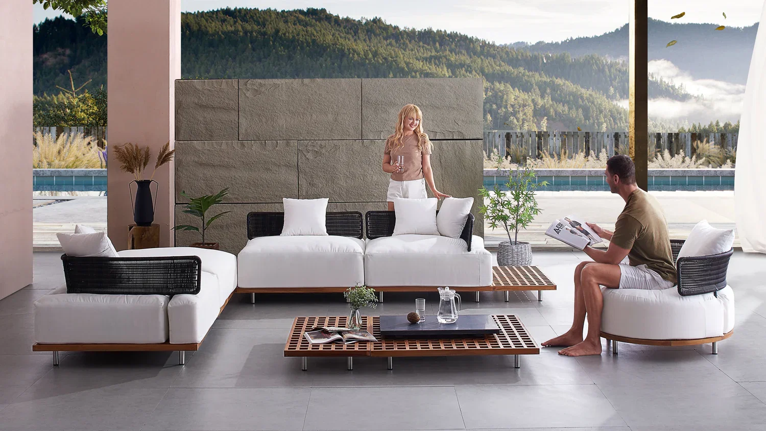 Outdoor Spaces and Leisure, featuring comfortable white modular seating.