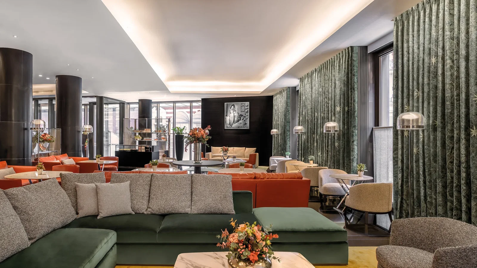 10. Bvlgari Hotel London showcases elegant green curtains adorned with a subtle star pattern.