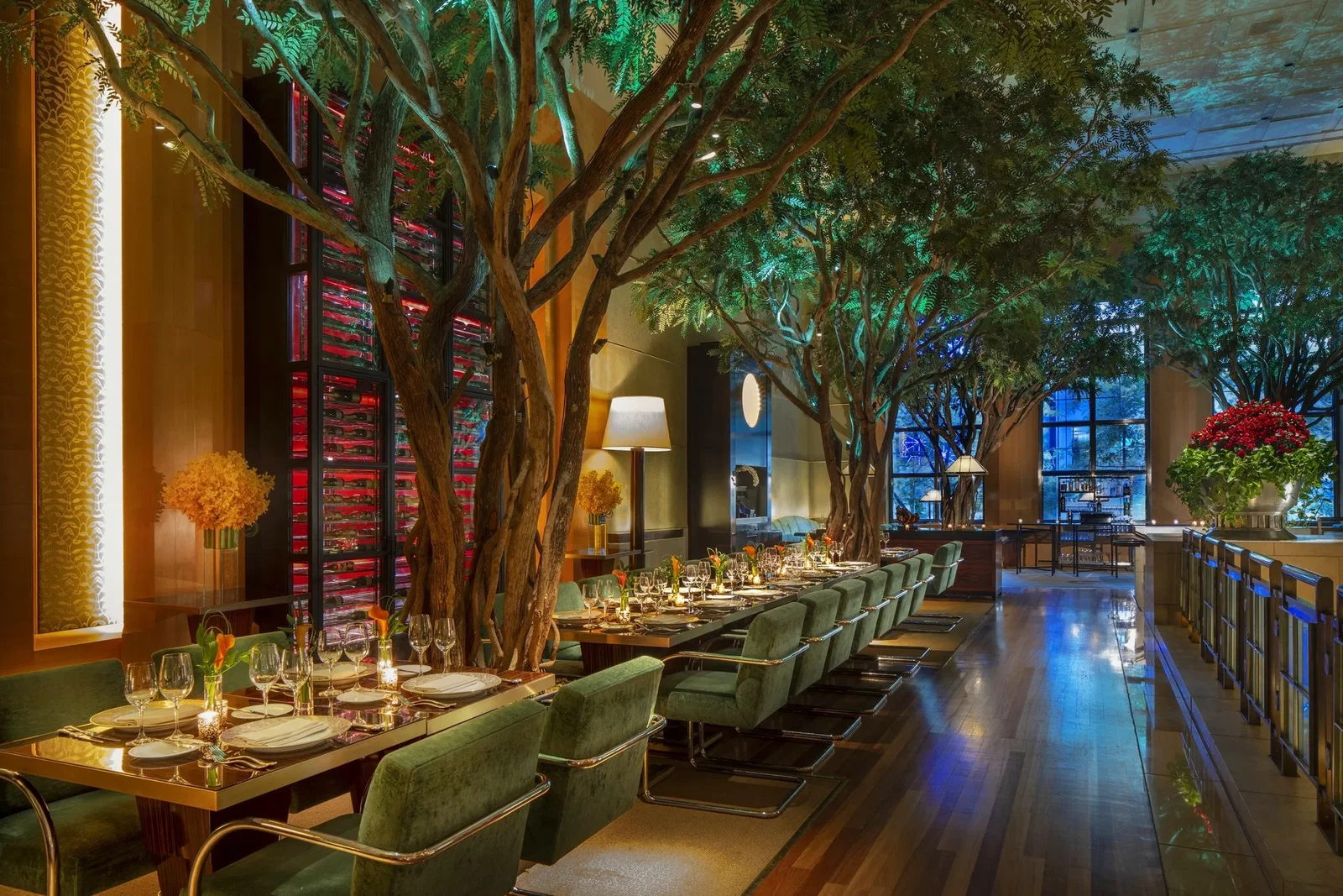 5. Four Seasons Hotel New York offers a captivating dining experience under a canopy of illuminated trees.