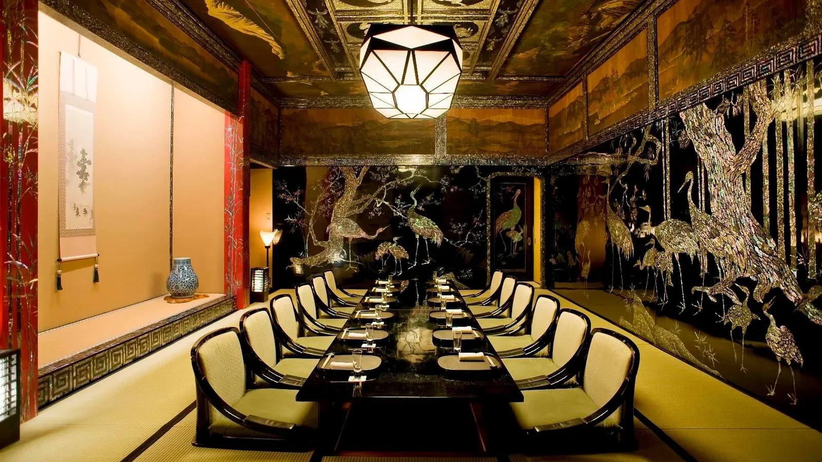 Video: Tokyo's Top 5 Luxury Hotels showcases a dining room with stunning mother-of-pearl inlay on its walls.