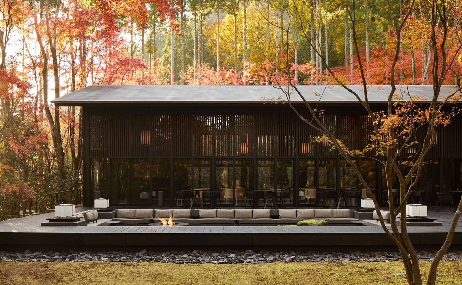 A modern building with dark wood siding and large windows, surrounded by trees with vibrant red and orange autumn leaves. In front of the building is