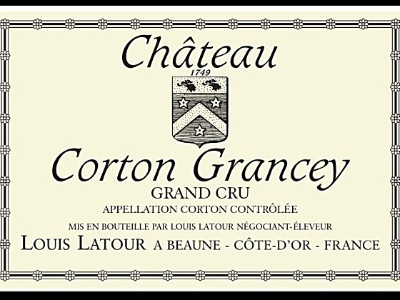 A clean label/product graphic of the Maison Louis Latour Château Corton Grancey Grand Cru wine label on a plain cream background, confirmed by visible.