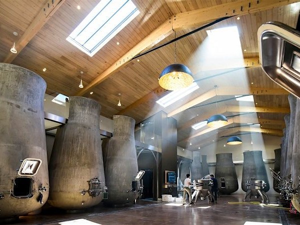Château Lafite Rothschild 2019: Concrete fermentation vats under skylights.