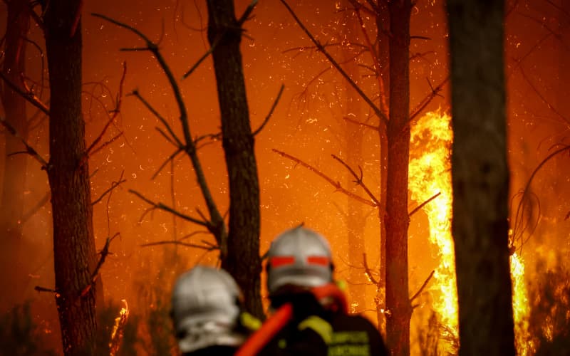 Two firefighters in protective gear and helmets face a massive wildfire with bright orange flames and smoke surrounding bare trees.