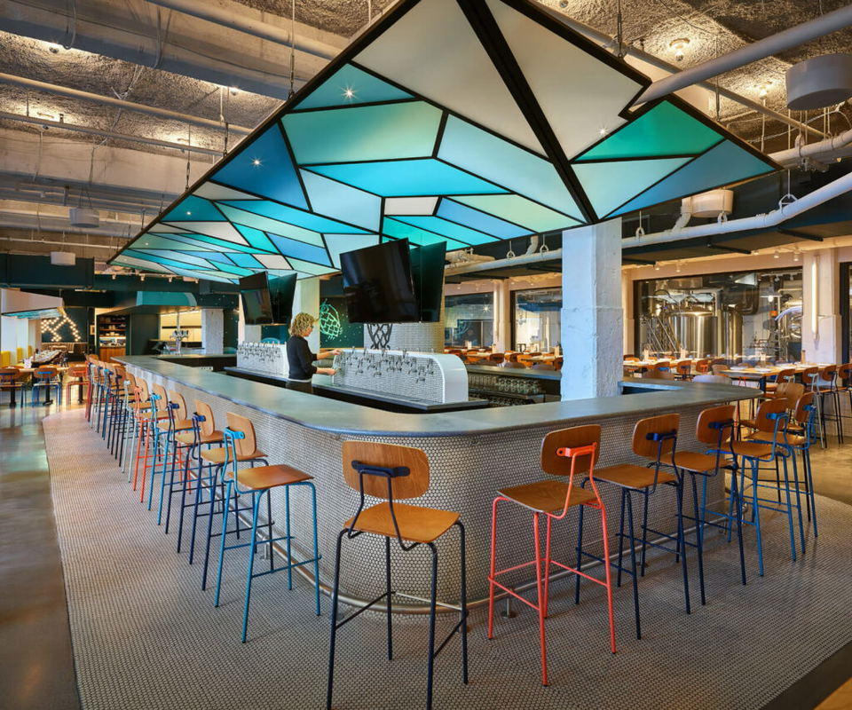 Night Shift Brewing Beer Gardens (Allston, Esplanade, and Downtown) features a striking geometric ceiling light fixture.