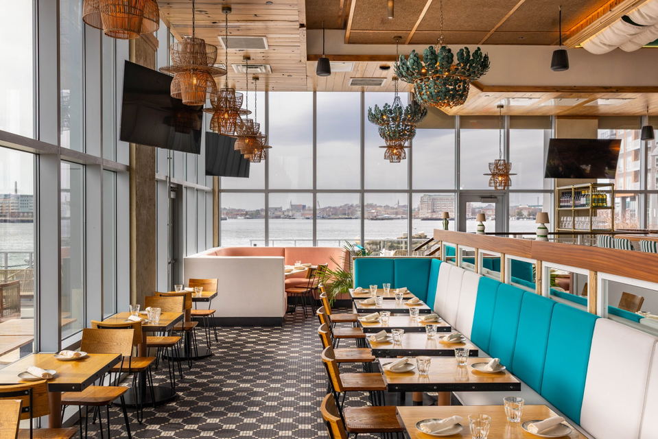 La Tavernetta (East Boston) offers expansive waterfront views from its floor-to-ceiling windows.