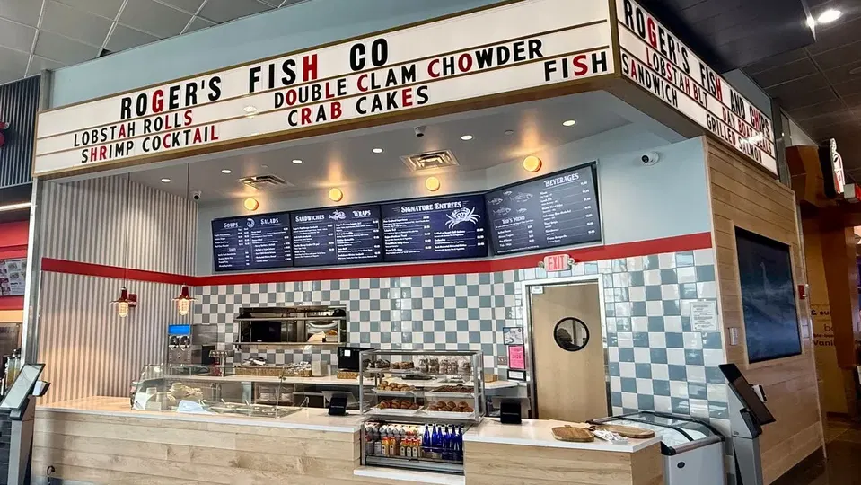Roger’s Fish Co. (Logan Airport) has a distinctive blue and white checkered tile pattern.