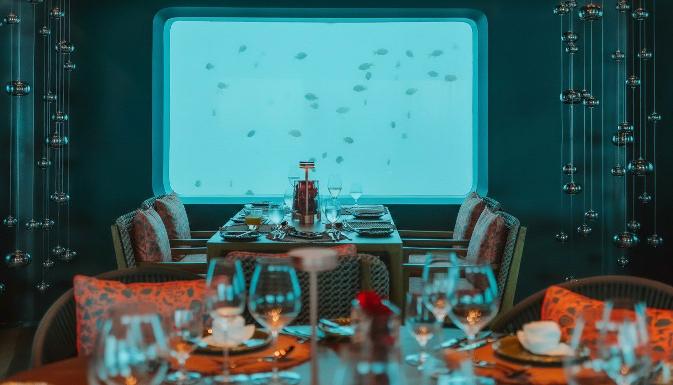 An underwater restaurant with a large window showing fish swimming in clear blue water. Tables are set with glasses, plates, and cutlery.