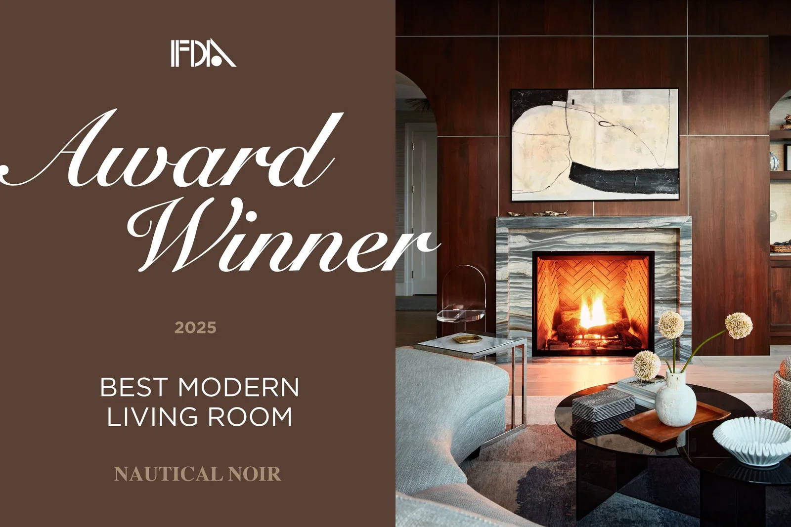 Awards and Achievements, featuring a warm, glowing fire in a modern setting.
