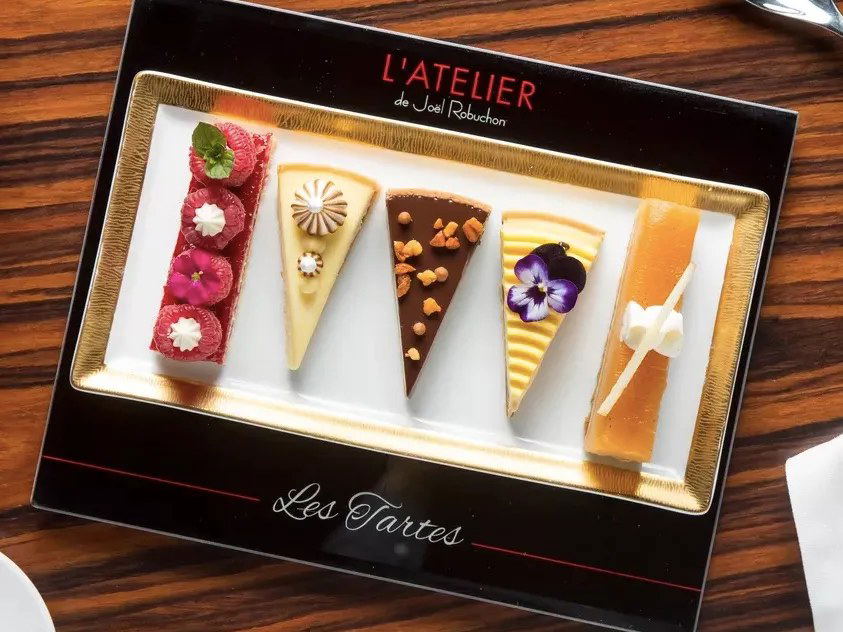 L'ATELIER de Joël Robuchon presents a delectable "Les Tartes" dessert flight, a highlight of private dining Las Vegas.