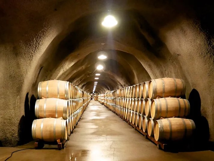 A long, arched underground wine cave with rough-hewn stone walls, illuminated by overhead lights, and lined on both sides with stacked oak wine