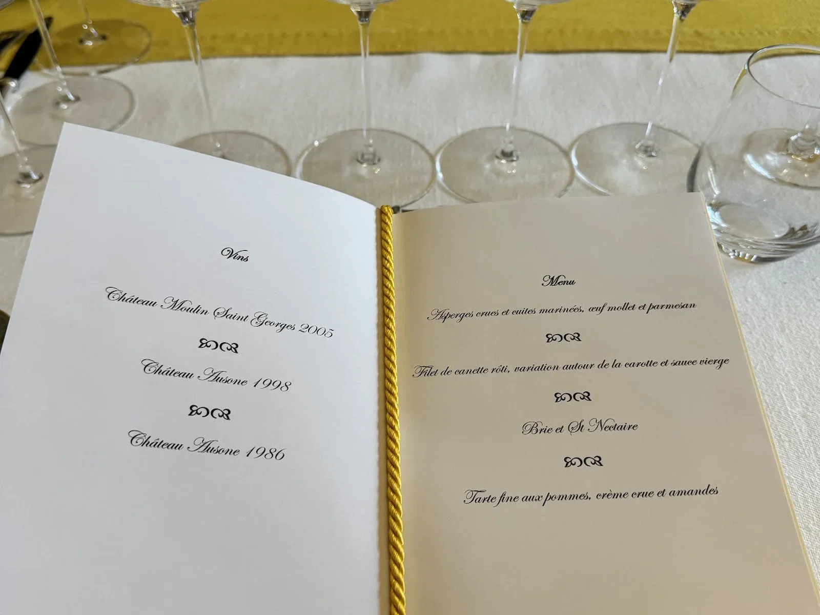 The printed menu and Ausone wine list from the 24 April 2024 lunch