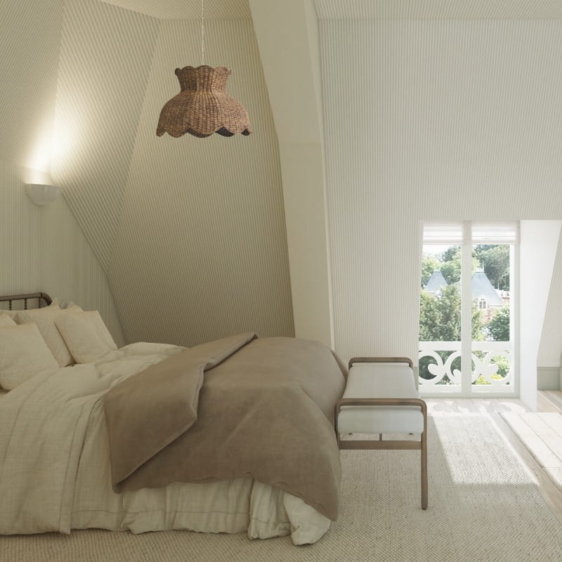 Château de Cîteaux Meursault offers bright guest rooms with sloped ceilings, wicker lights, and French doors.