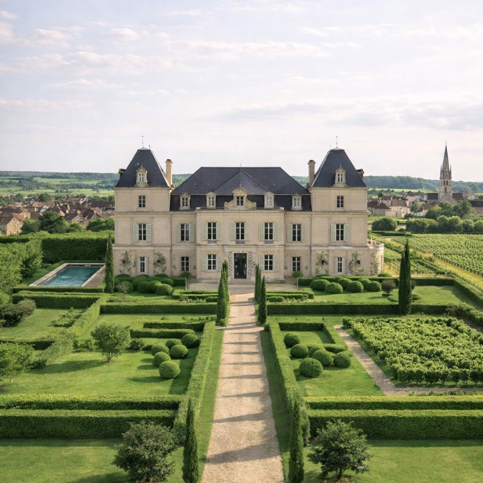Château de Cîteaux Meursault, an elegant French château with formal gardens and surrounding vineyards.