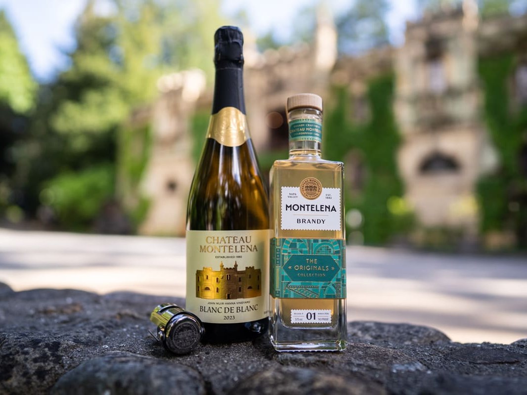 Chateau Montelena's anniversary releases: 2023 Blanc de Blanc and Brandy Release #01, against an estate backdrop.