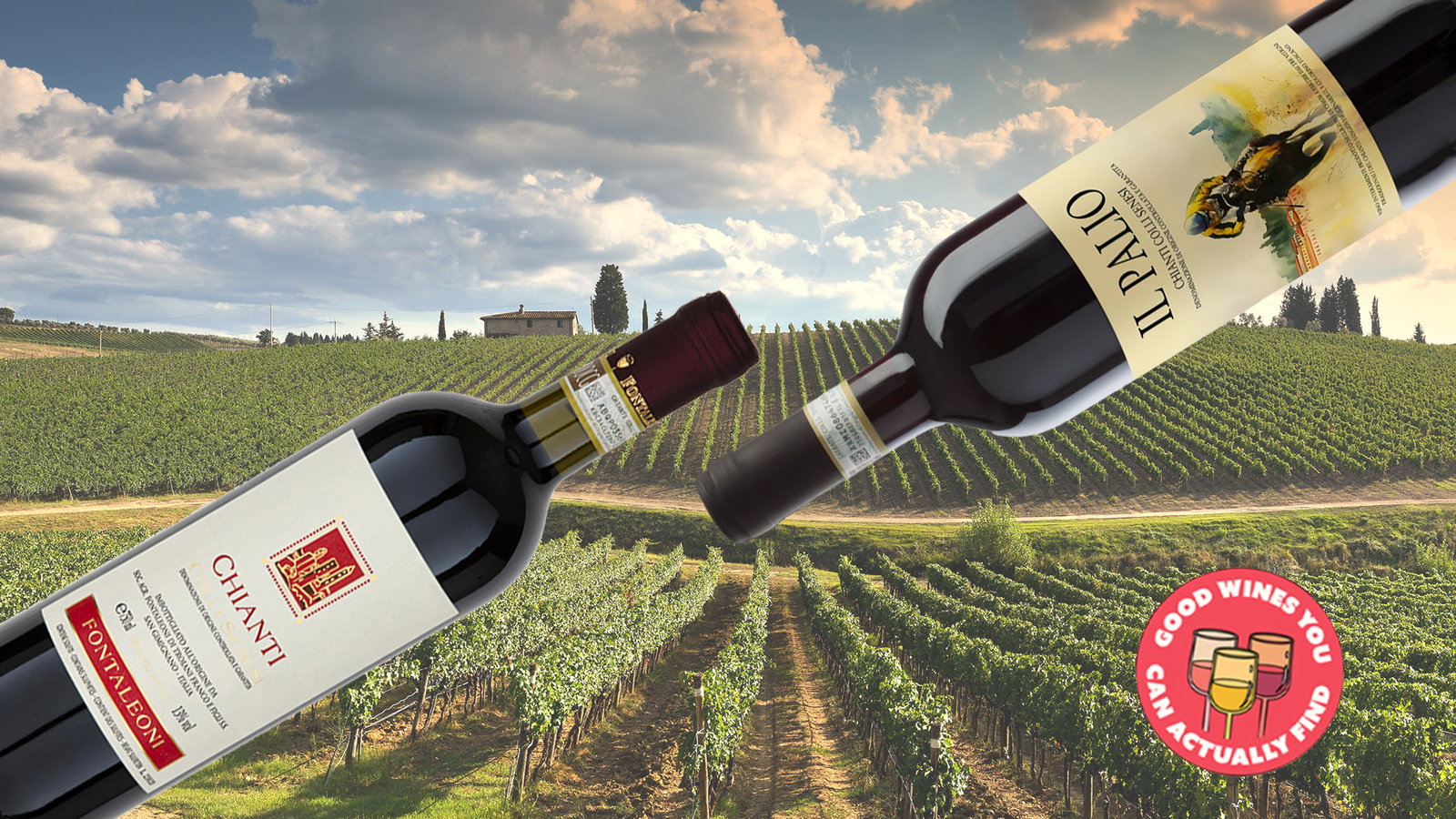 Fontaleoni (Chianti Colli Senesi) features two prominent bottles of deep red wine in the foreground.