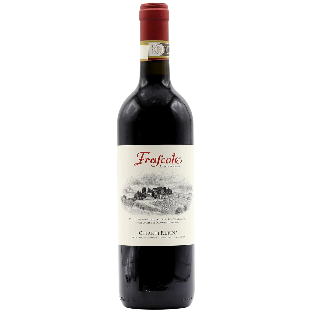 Frascole (Chianti Rufina) presents a detailed Tuscan landscape drawing on its label.