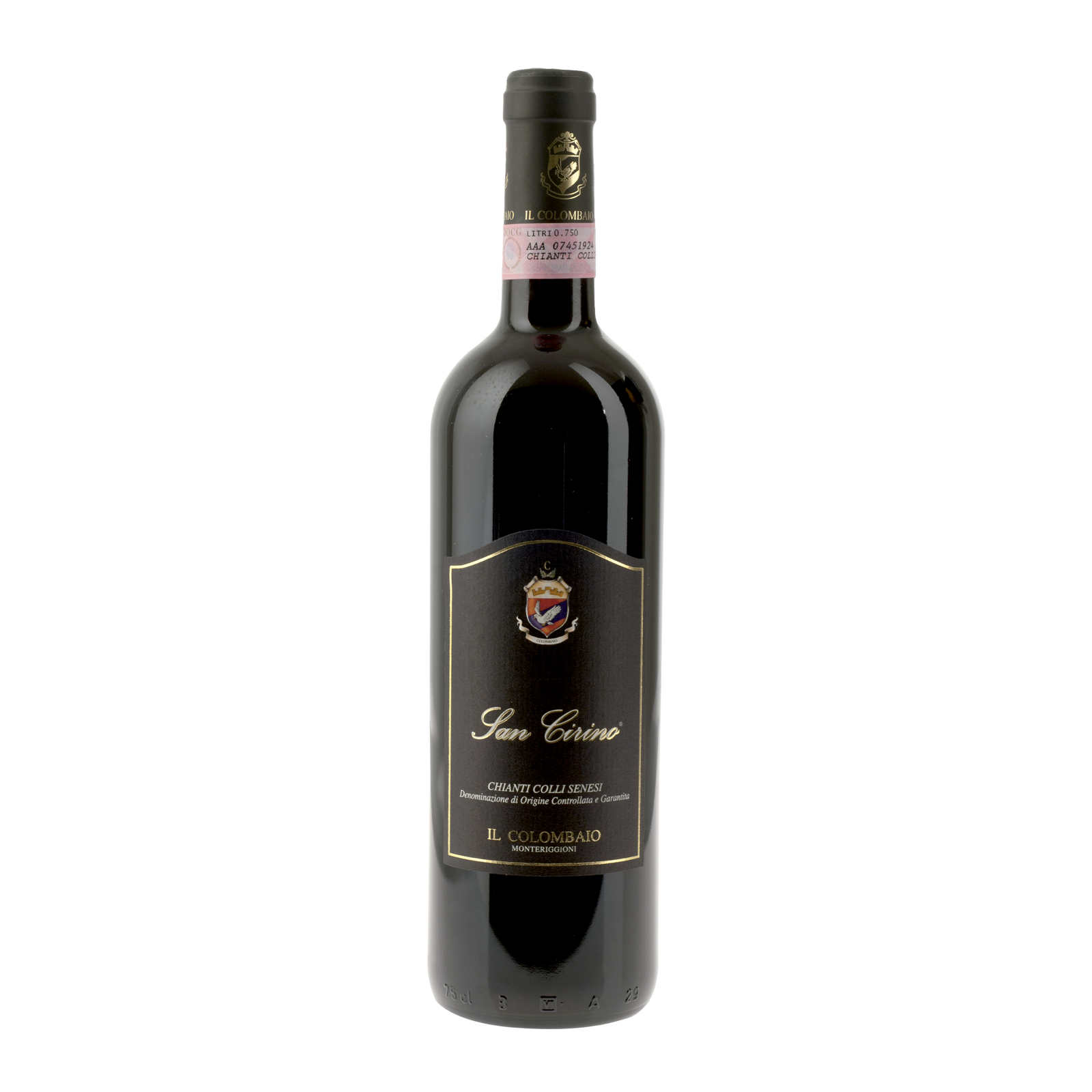 Il Colombaio ‘San Cirino’ (Chianti Colli Senesi) features a striking black label with elegant gold script.