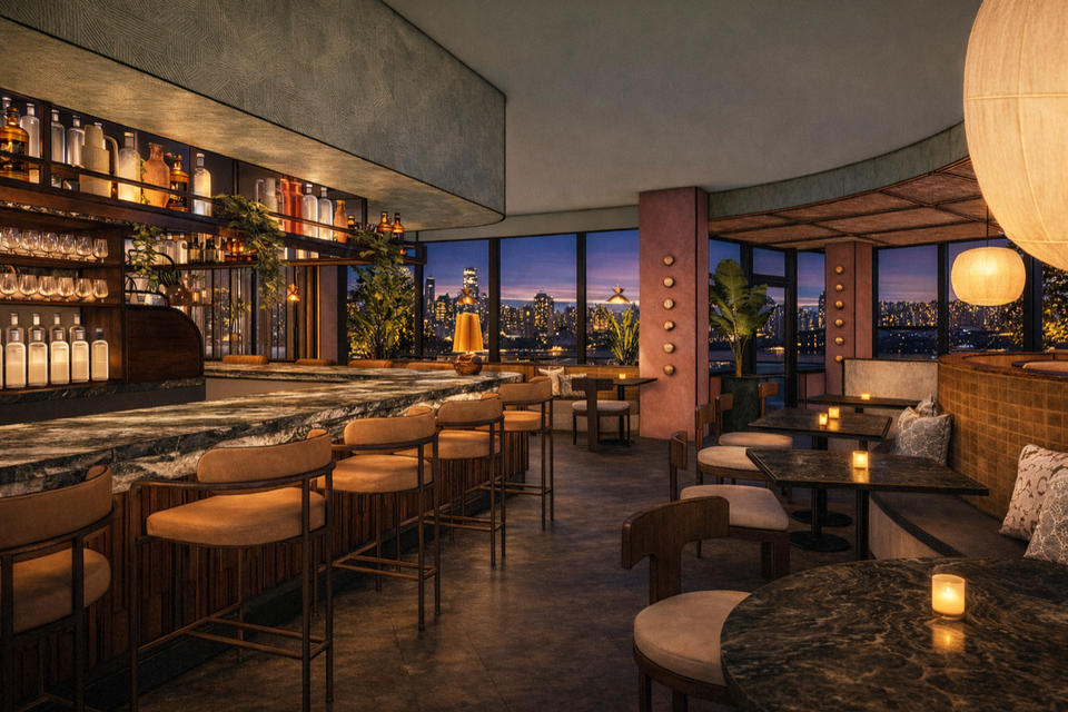 Black Briar (Fulton Market) features a long, curving bar with a distinct dark marble countertop.