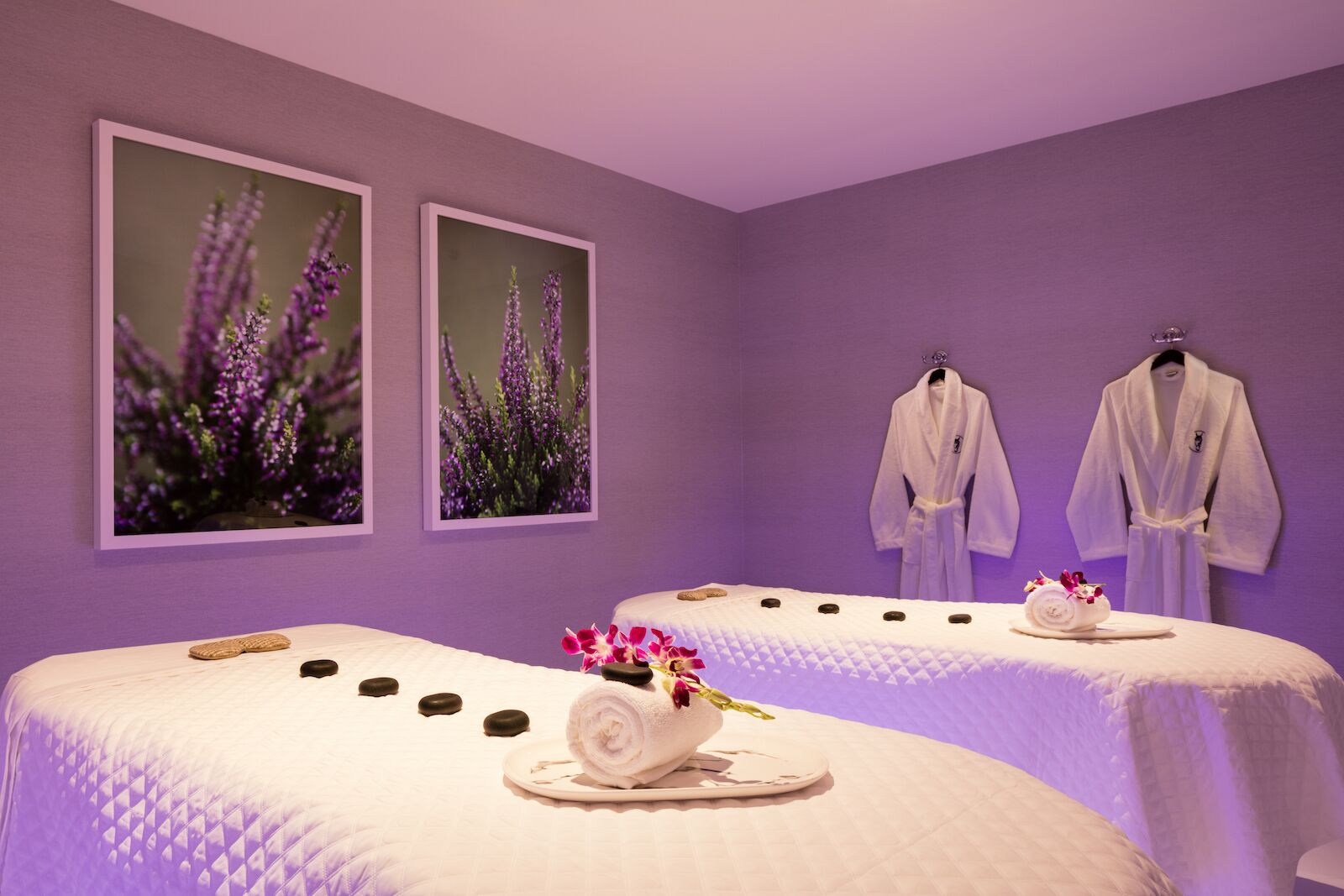 Spa and Equestrian Activities features a serene room bathed in soft purple light.